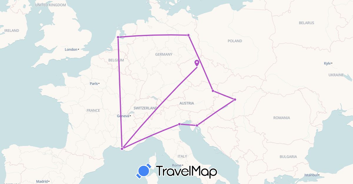 TravelMap itinerary: train in Austria, Germany, France, Croatia, Hungary, Italy, Netherlands (Europe)